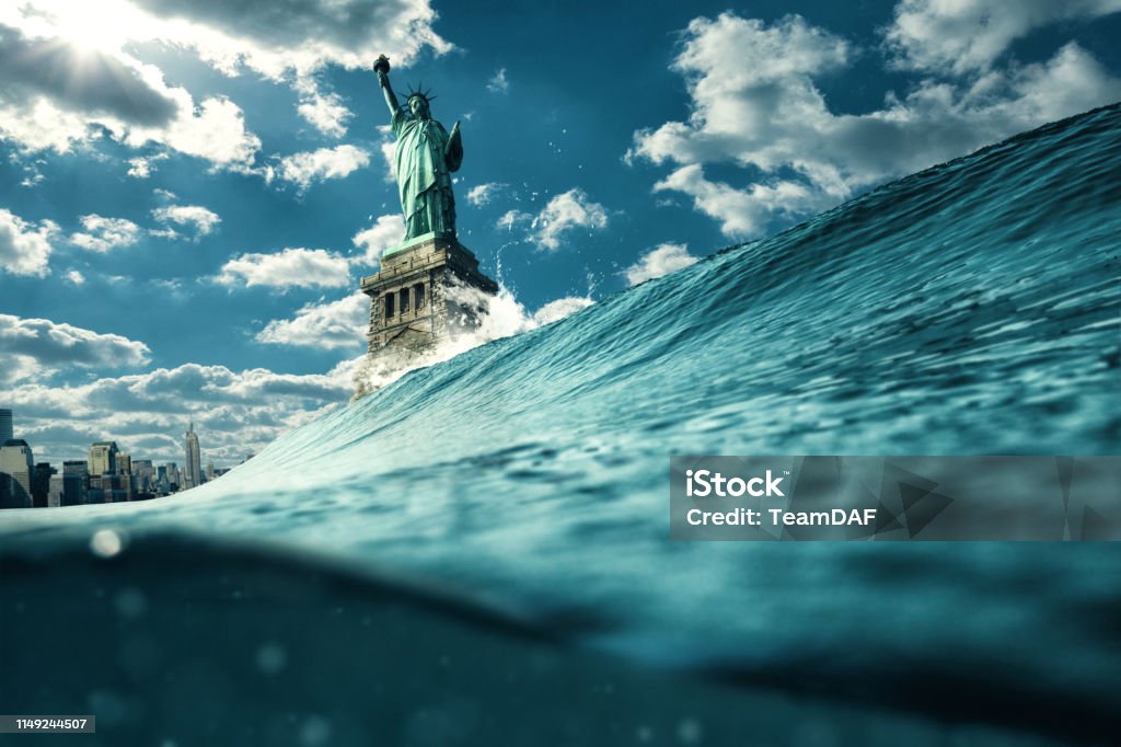 Statue of liberty under attack illustration. Global warming, democracy and crisis concept. Climate Stock Photo