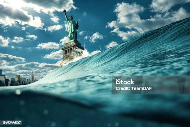 Statue Of Liberty Under Attack Illustration Global Warming Democracy And Crisis Concept Stock Photo - Download Image Now