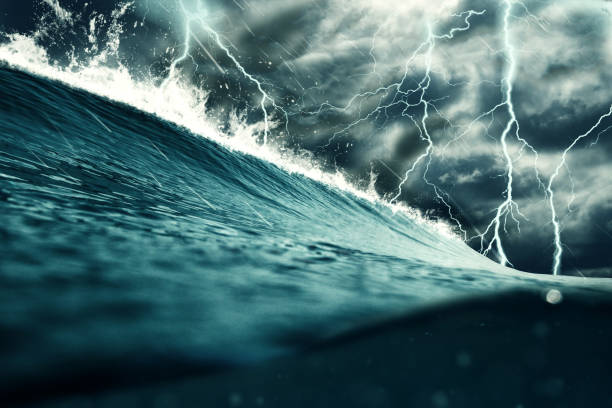 Thunderstorm at the sea illustration. Weather, nature and climate change concept. Thunderstorm at the sea illustration. Weather, nature and climate change concept. spume stock pictures, royalty-free photos & images