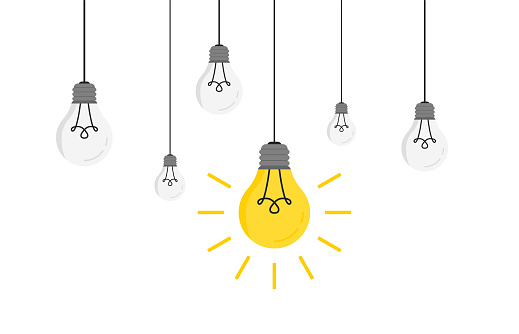 Hanging light bulbs with glowing one Vector illustration for your design. Trendy flat vector light bulbs icons with concept of idea