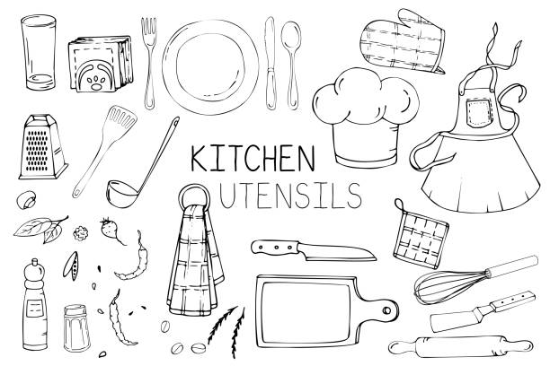 ilustraciones, imágenes clip art, dibujos animados e iconos de stock de conjunto de ilustración dibujada a mano con utensilios de cocina. dibujo vectorial real de herramientas de cocinar: plato, tenedor, cuchara, cuchillo, rodillo, delantal, gorra de cocinero, espátula, cucharón y más. dibujo estilo doodle. - rolling fork