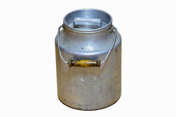 istock Old used small aluminum milk can, as an alternative to using plastic containers. Isolated on white background. Milk container 1149251784