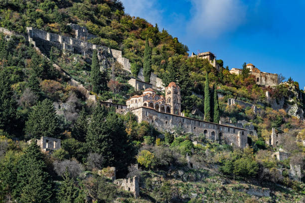 Part of the byzantine archaeological site of Mystras in Peloponnese, Greece. View of the Pantanassa Monastery in the middle city of ancient Mystras