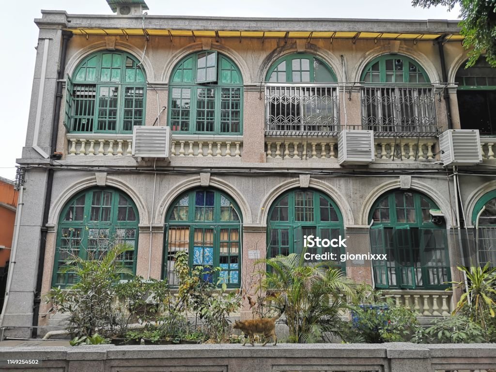 Mansion in Shamian island, Guangzhou, China Cat walking outside an old fashion mansion in Shamian island, a sandbank island in the Liwan District of Guangzhou, Guangdong province, China. 
The territory was divided into two concessions given to France and the United Kingdom by the Qing government in the 19th century. The island hosts quiet pedestrian avenues flanked by trees and lined by historical buildings. Architecture Stock Photo