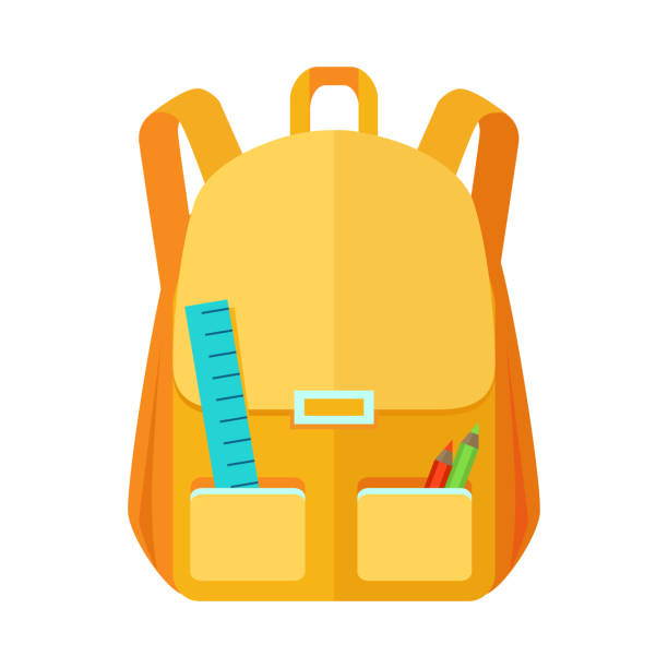 Backpack Schoolbag Icon with Notebook Ruler Backpack schoolbag icon in flat style. Hiking backpack. Kids backpack with notebook and ruler, education and study school, rucksack, urban backpack vector illustration on white background satchel stock illustrations