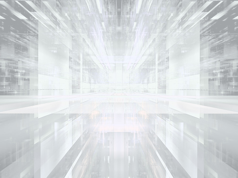 White virtuall reality concept background. Abstract computer-generated 3d illustration. Portal or hall with perspective effect. For web design, banners, covers.