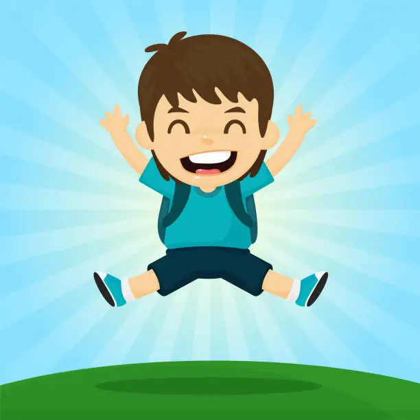 Vector illustration of à¸ºà¸ºBack to school. The boy jumped glad to go to school. With the sun in the morning