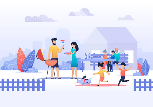Happy Family on Picnic at Home Vector Illustration Happy Family on Backyard Picnic at Home Vector Flat Illustration. Father and Mother Preparing Barbecue Grill Outdoors. Son and Daughter Running with Puppy. Grannies Wait Sitting with Grandson at Table person sitting on fence stock illustrations