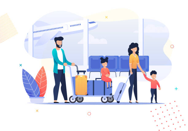 illustrations, cliparts, dessins animés et icônes de activités de voyage de famille de dessin animé heureux à l’aéroport - femme voyage avion