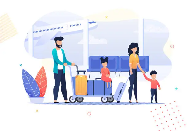 Vector illustration of Happy Cartoon Family Travel Activities in Airport