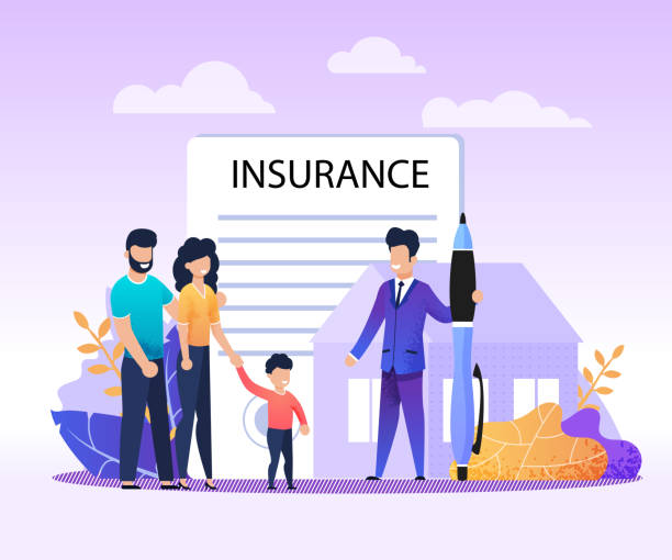 Insurance Services for Property Cartoon Banner Real Estate, House, Property Insurance Services Flat Advertising Banner. Cartoon Family with Child and Agent Meeting for Making Deal and Filling Questionary. Vector Home Protection Illustration insurer stock illustrations