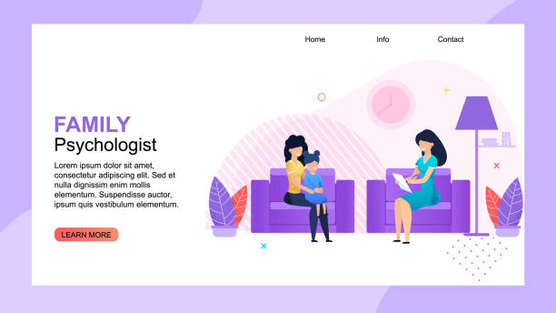 Family Psychologist Flat Landing Page Template Family Psychologist Landing Page. Counseling Woman and Mother with Calm Daughter. Psychological Therapy Session with Patients. Kid Stress, Addictions, Mental Problems Treatment Vector Illustration positive negative slide stock illustrations