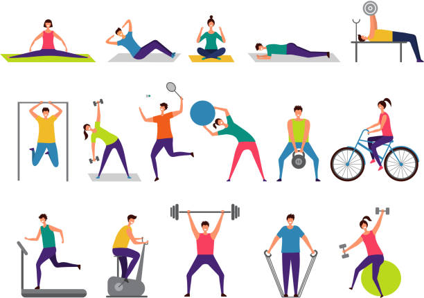 sportliche aktivitäten. aktive menschen, die fitness-aktionen beim springen machen, spielen vektorcharaktere - treadmill gym isolated running stock-grafiken, -clipart, -cartoons und -symbole