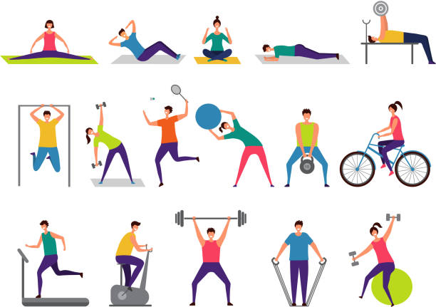 Sport activities. Active people making fitness actions running jumping playing cycling vector characters Sport activities. Active people making fitness actions running jumping playing cycling vector characters. Illustration of people workout, activity training, fitness and stretching gym drawings stock illustrations