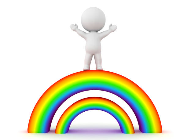 istock 3D Character is happy on top of double rainbow 1149264493