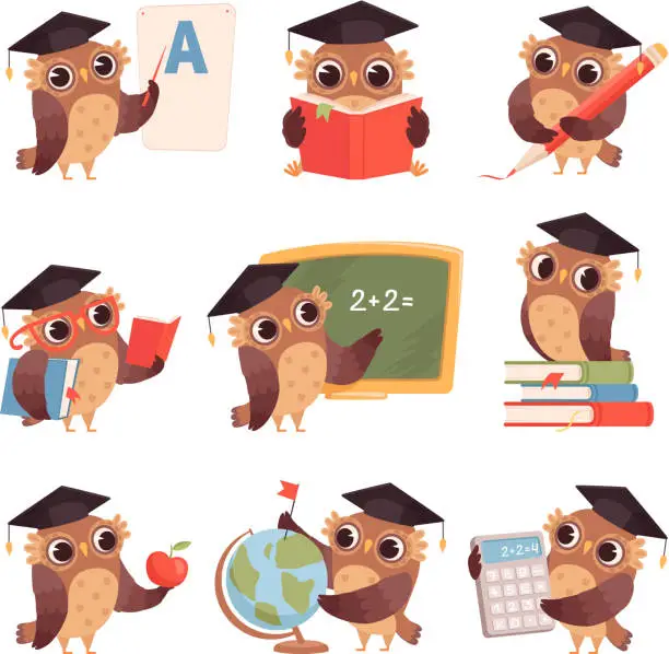 Vector illustration of Owl school. Teacher birds characters teaching reading writing owls cartoon collection