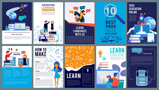 Education online covers. Posters or ads flyer template with educational concept teachers fro internet training courses vector design. Language course poster ad, e-leaning resourse illustration