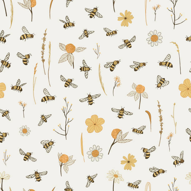 Bees and flowers seamless pattern Bees and flowers seamless vector pattern bee patterns stock illustrations