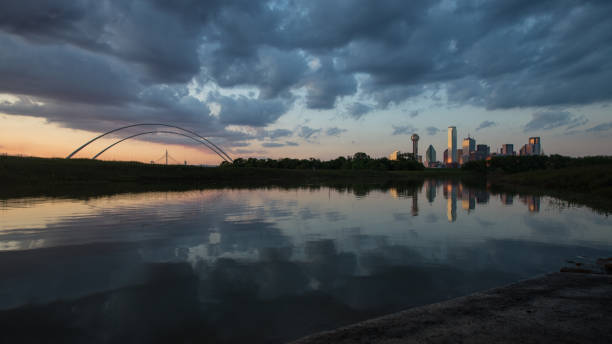 Dallas Skyline Reflection on Trinity River During Sunset, Dallas, Texas.