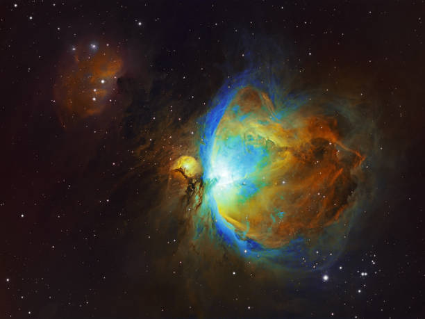 Deep space objects Orion and Running Man Nebula in the constellation Orion Deep space objects Orion and Running Man Nebula in the constellation Orion, photo in the Hubble Space Telescope color pallette. This picture is narrowband composition of sulfur, oxygen and hydrogen line, made with scientific camera and astronomy refractor telescope. Total exposure time: 23 hours hubble space telescope photos stock pictures, royalty-free photos & images