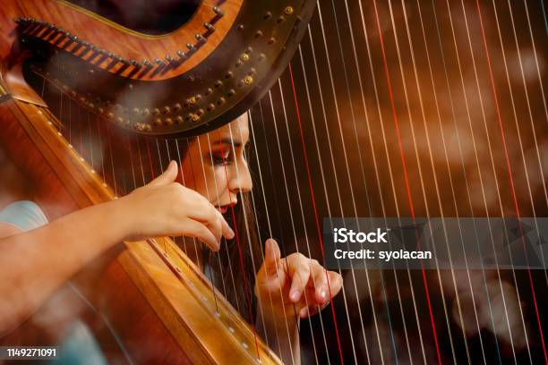 Professional Female Harpist During Performance Stock Photo - Download Image Now - Harp, Playing, Classical Style
