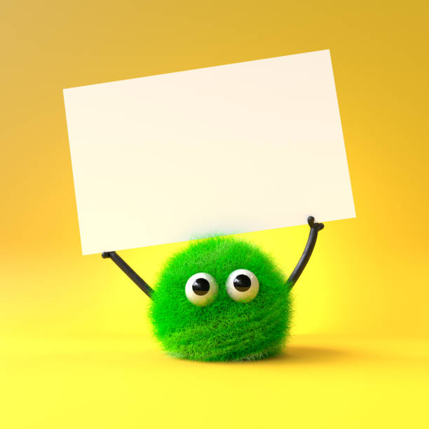 cute furry monster 3d cute monster holding up a blank sign,colorful cartoon character,empty banner spartan mascot stock pictures, royalty-free photos & images
