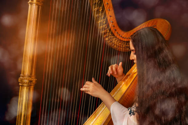 Professional female harpist during performance Professional female harpist during performance, Hot colours on the background. Shot with D800, ISO 100, processed from RAW. harp stock pictures, royalty-free photos & images