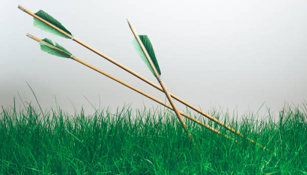 istock Three wood arrow. Beautiful gray background. Medieval weapons are handmade. 1149278695