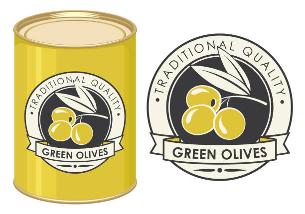 Illustration of a tin can with label green olives Label for green olives decorated by olive twig with berries and ribbon in retro style on the black background. Vector illustration of label and tin can with this label. vector food branch twig stock illustrations