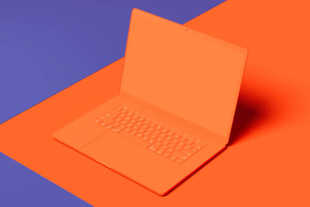 istock Orange laptop with blank screen on orange and violet background. 3d rendering. 1149281899