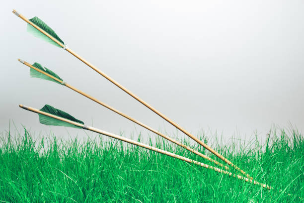 istock Three wood arrow. Beautiful gray background. Medieval weapons are handmade. 1149282129