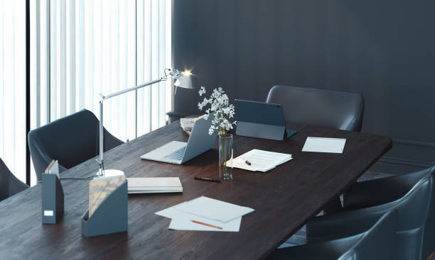 istock Stylish conference room interior with big window and wooden table. 3d rendering. 1149282231