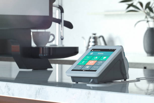 istock POS payment terminal and coffee machine in modern cafe. NFC. 3d rendering. 1149282433