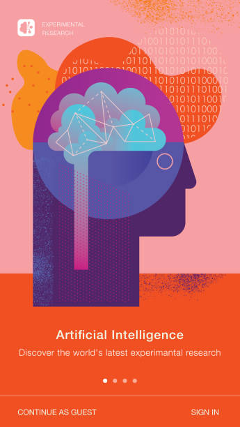 Ai Intelligence Template Modern mobile UI screen design for mobile app depicting artificial intelligence concept including illustration, copy space text, logo sample and some hand drawn elements. pink promise stock illustrations
