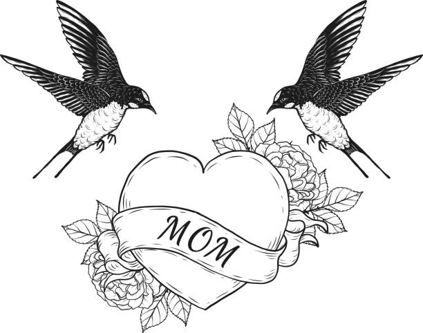 ilustrações de stock, clip art, desenhos animados e ícones de swallows with heart vector tattoo by hand drawing - old scroll flash
