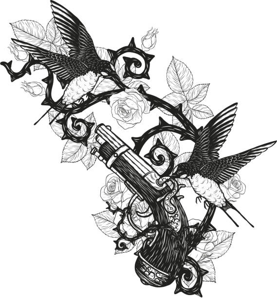 ilustrações de stock, clip art, desenhos animados e ícones de swallows with heart vector tattoo by hand drawing - old scroll flash