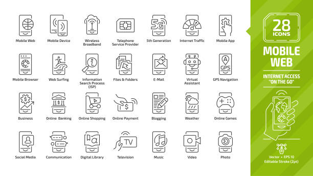 illustrations, cliparts, dessins animés et icônes de icône de web mobile avec l’accès à internet "sur le go" panneau de contour: téléphone tablette, réseau sans fil, technologie 5g, main avec smartphone, les médias sociaux et des symboles de ligne de course plus modifiables. - data mobility downloading digital tablet