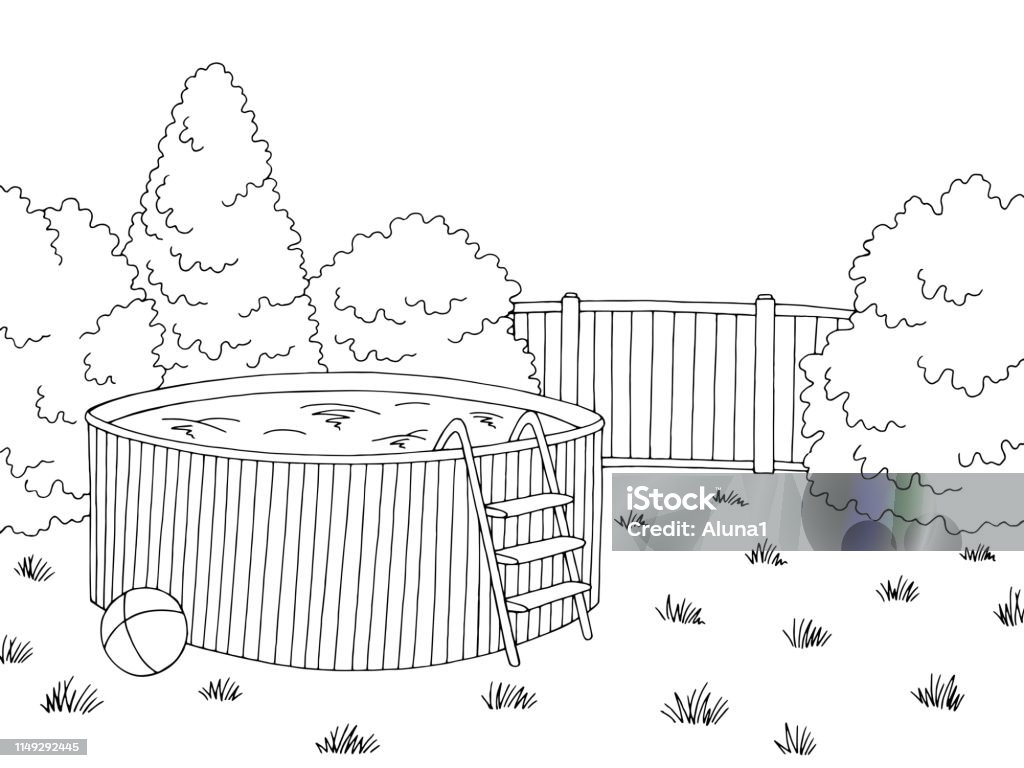 Backyard swimming pool graphic black white landscape sketch illustration vector Fence stock vector
