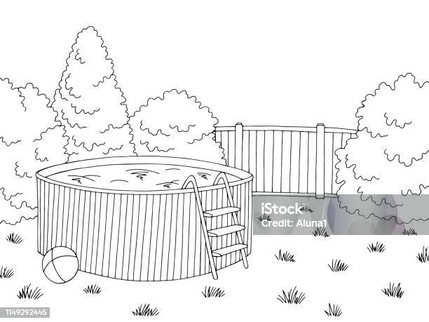 Backyard Swimming Pool Graphic Black White Landscape Sketch Illustration Vector Stock Illustration - Download Image Now