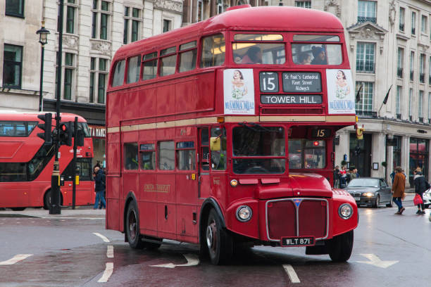 London, United Kingdom - December 23, 2019: 1962 AEC Routemaster Bus travelling around Trafalgar Square heading towards Tower Hill on heritage route 15, London, United Kingdom.