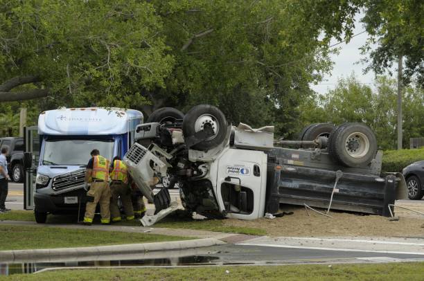Dump truck and van collision stock photo