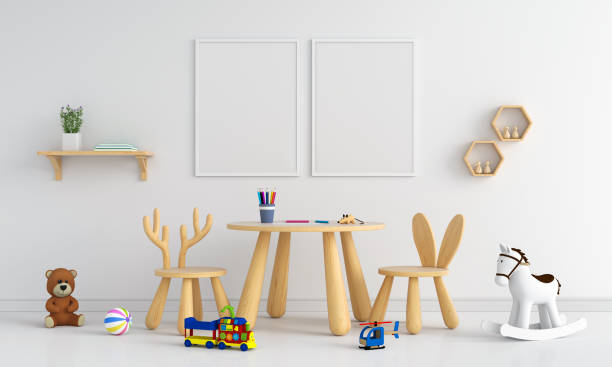 istock Two blank photo frame for mockup in child room, 3D rendering 1149293680