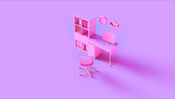 istock Pink Contemporary Home Office Setup with Bookshelf Modern Computer Wall Clock File Holder Chair and Notebook 1149294871
