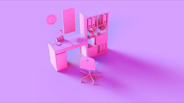 istock Pink Small Contemporary Home Office Setup with Bookshelf Wall Clock Calculator Desk Lamp an Files 1149294873