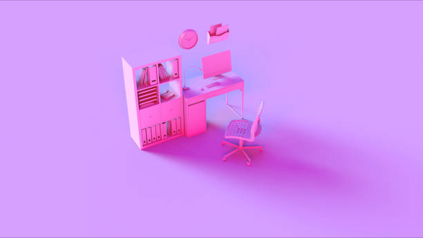 istock Pink Contemporary Home Office Setup with Bookshelf Modern Computer Wall Clock File Holder Chair and Notebook 1149295052
