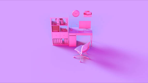 istock Pink Contemporary Home Office Setup with Bookshelf Modern Computer Wall Clock File Holder Chair and Notebook 1149295057