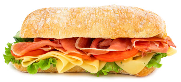 istock Ciabatta sandwich with lettuce, tomatoes prosciutto and cheese isolated on white background 1149295168