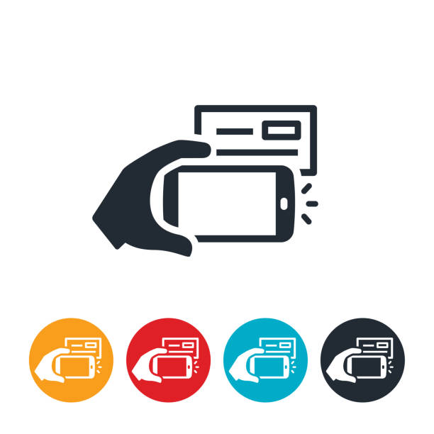 Mobile Check Deposit Icon An icon of a mobile check deposit. The icon shows a hand holding a smartphone while taking a picture of a check for electronic deposit. deposit slip stock illustrations