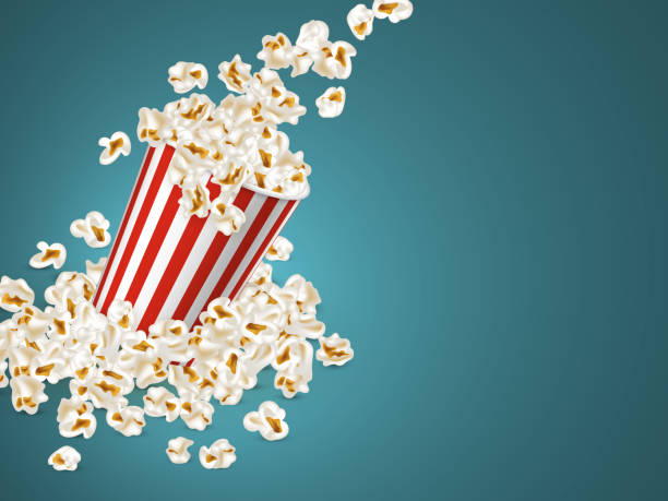 떨어지는 팝콘과 풀 스트라이프 양동이. - popcorn snack bowl isolated stock illustrations