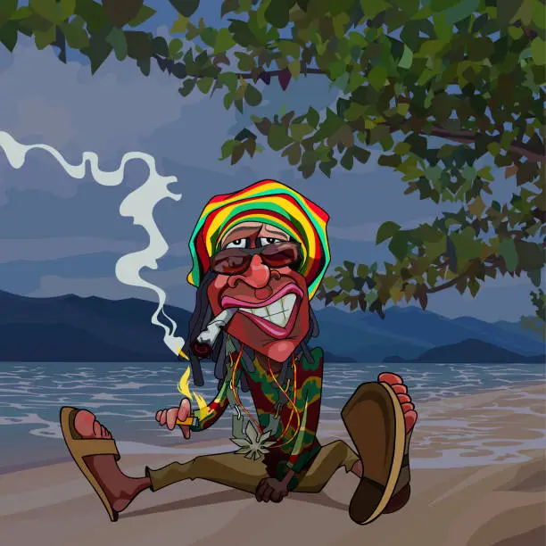 Vector illustration of cartoon funny man rastaman sits by the sea and smokes